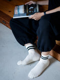 Double striped mid-calf socks, chunky knit retro organic cotton